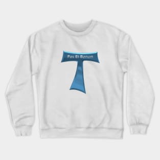 Franciscan Tau Cross Pax Et Bonum Blue and Silver Metallic Crewneck Sweatshirt